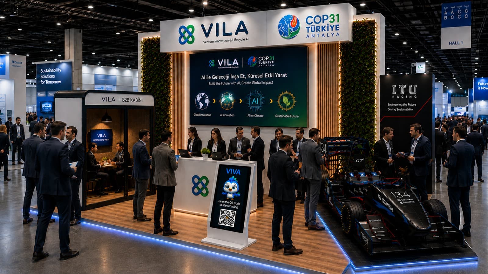 VILA exhibition stand at COP31 Türkiye Antalya with VIVA kiosk, B2B cabin, and İTÜ Racing display
